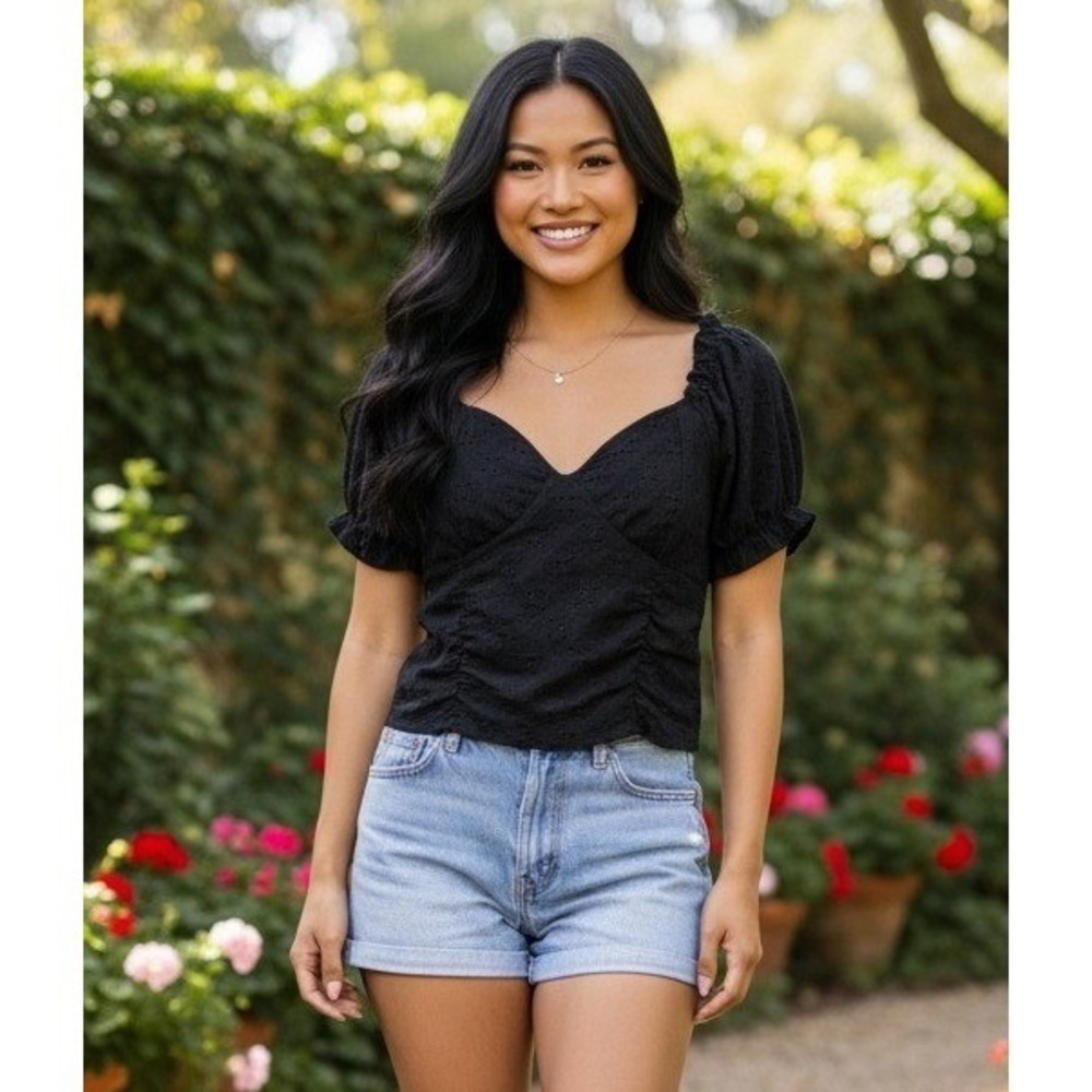 Jolie & Joy Cropped Top Puff Sleeve Sweetheart Neck Goth Stretch Womens XL Black